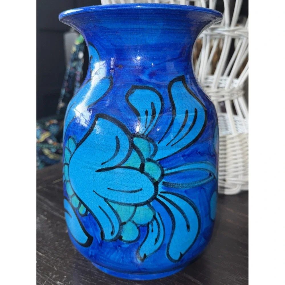 Vintage Bellini Pottery Blue‎ Floral Vase 2835 Italy 9.50